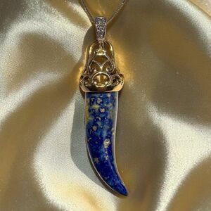 10K Gold - Lapis Lazuli & Diamond Tusk Necklace -20"- Ornate Filigree  -5.4g